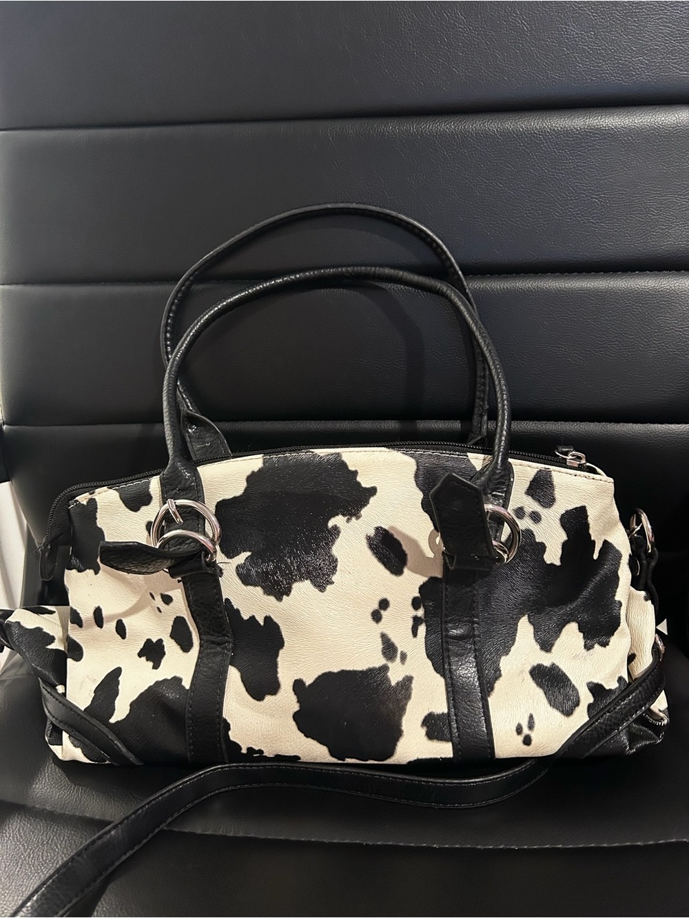 Vintage Dooney & Bourke Cow Print Satchel, Top Handle Bag with Detachable Strap - Picture 4 of 6